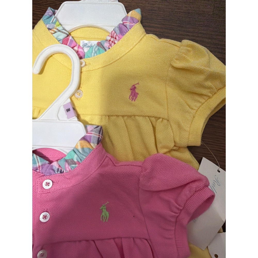 Ralph Lauren Baby Girls 2PK Polo Bubble Romper Yellow Pink Plaid Ruffle 9M NEW - Picture 4 of 9